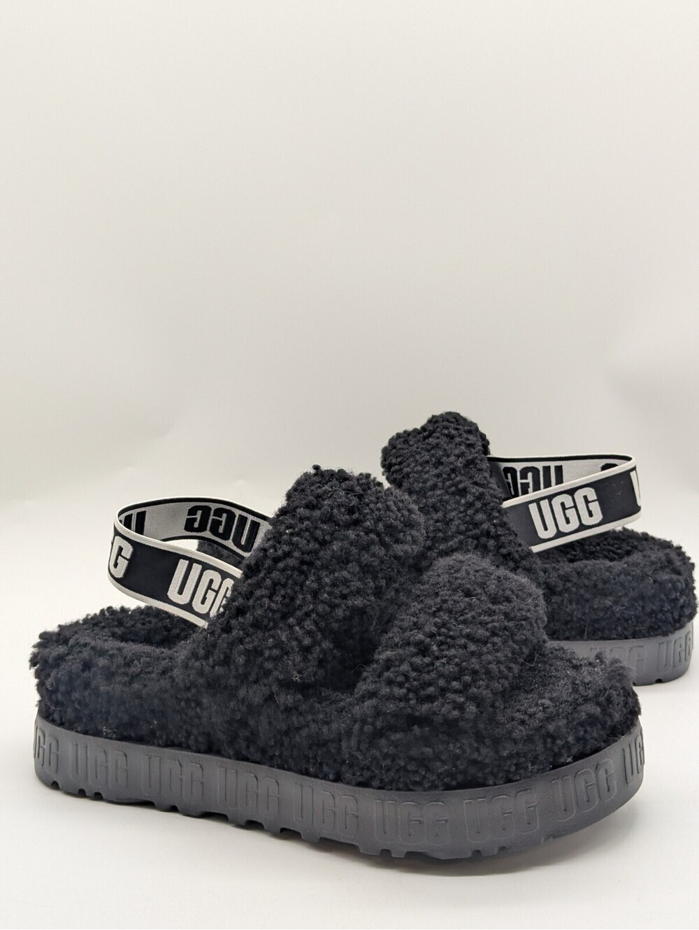 UGG OH FLUFFITA Lambskin Women's Size 8 Platform Sling-back Sandal 1120876 Black